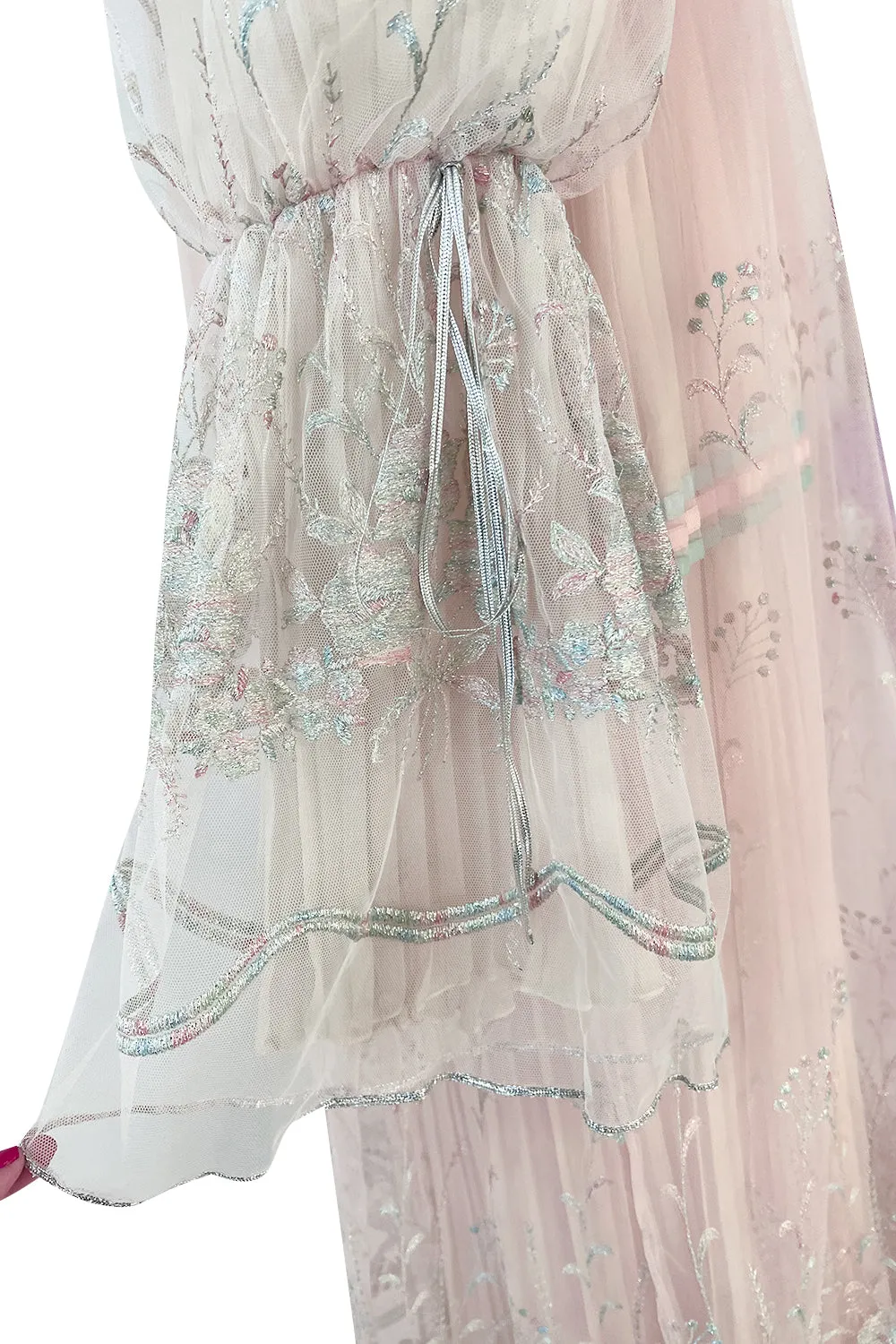 1976 Bill Gibb Couture Pleated Silk Chiffon Skirt w Metallic Thread Embroidered Silk Net Coat
