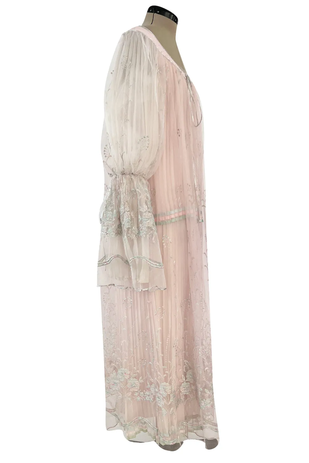 1976 Bill Gibb Couture Pleated Silk Chiffon Skirt w Metallic Thread Embroidered Silk Net Coat
