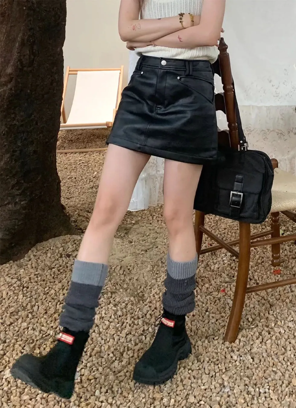 A-line leather mini skirt