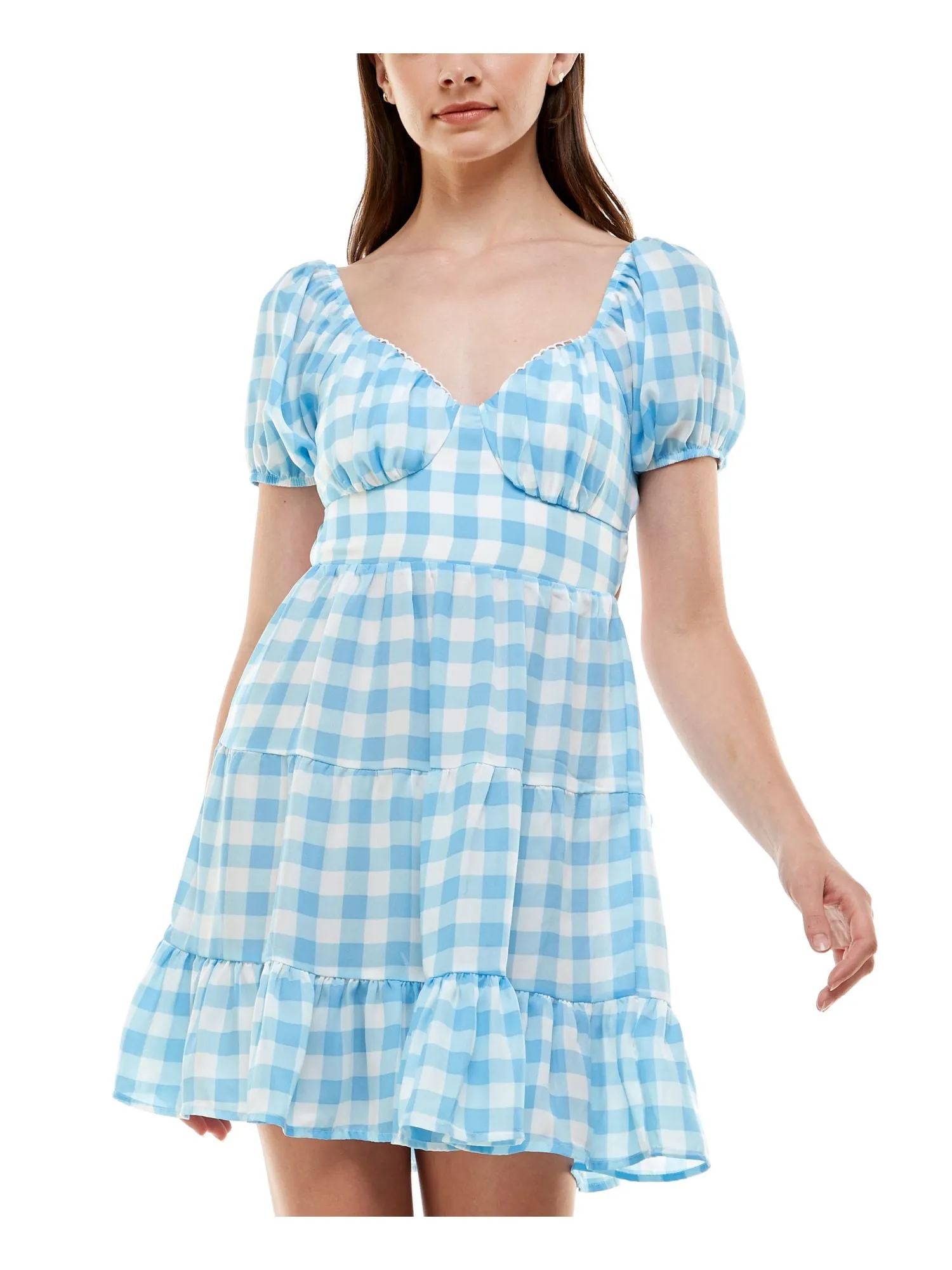 ALMOST FAMOUS Womens Blue Sheer Ruffled Peasant Tie-back Loop Trim Check Pouf Sleeve Sweetheart Neckline Short Fit   Flare Dress
