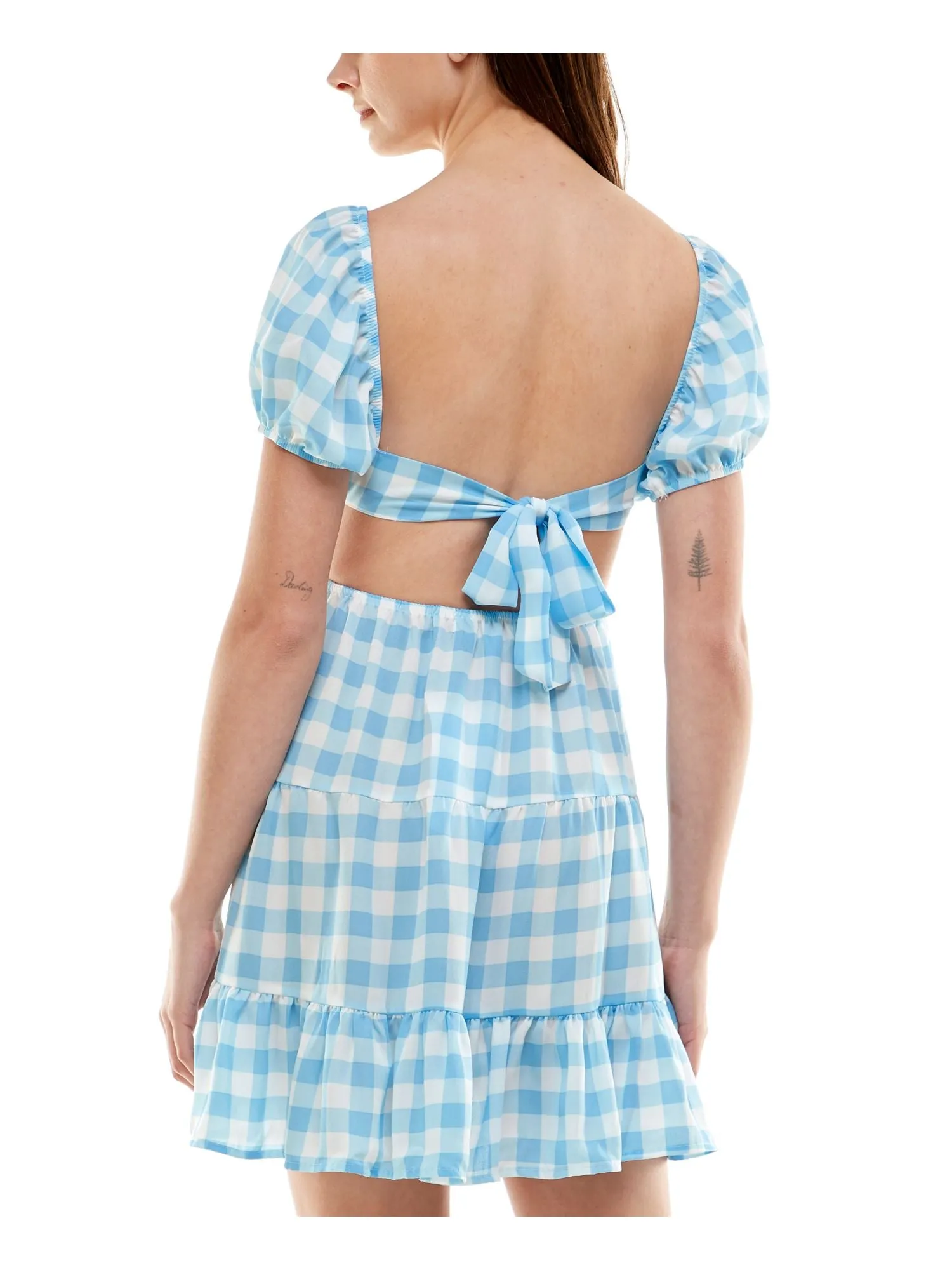ALMOST FAMOUS Womens Blue Sheer Ruffled Peasant Tie-back Loop Trim Check Pouf Sleeve Sweetheart Neckline Short Fit   Flare Dress