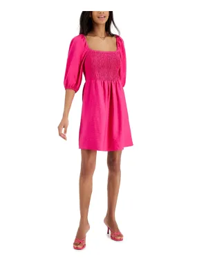 BAR III Womens Pink Smocked Textured Lined Elastic Cuffs Pouf Sleeve Square Neck Above The Knee Fit   Flare Dress