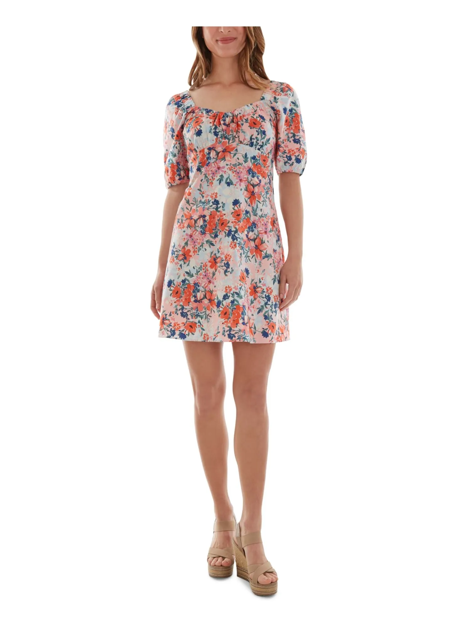 BCX Womens Pink Floral Pouf Sleeve Sweetheart Neckline Mini Fit   Flare Dress