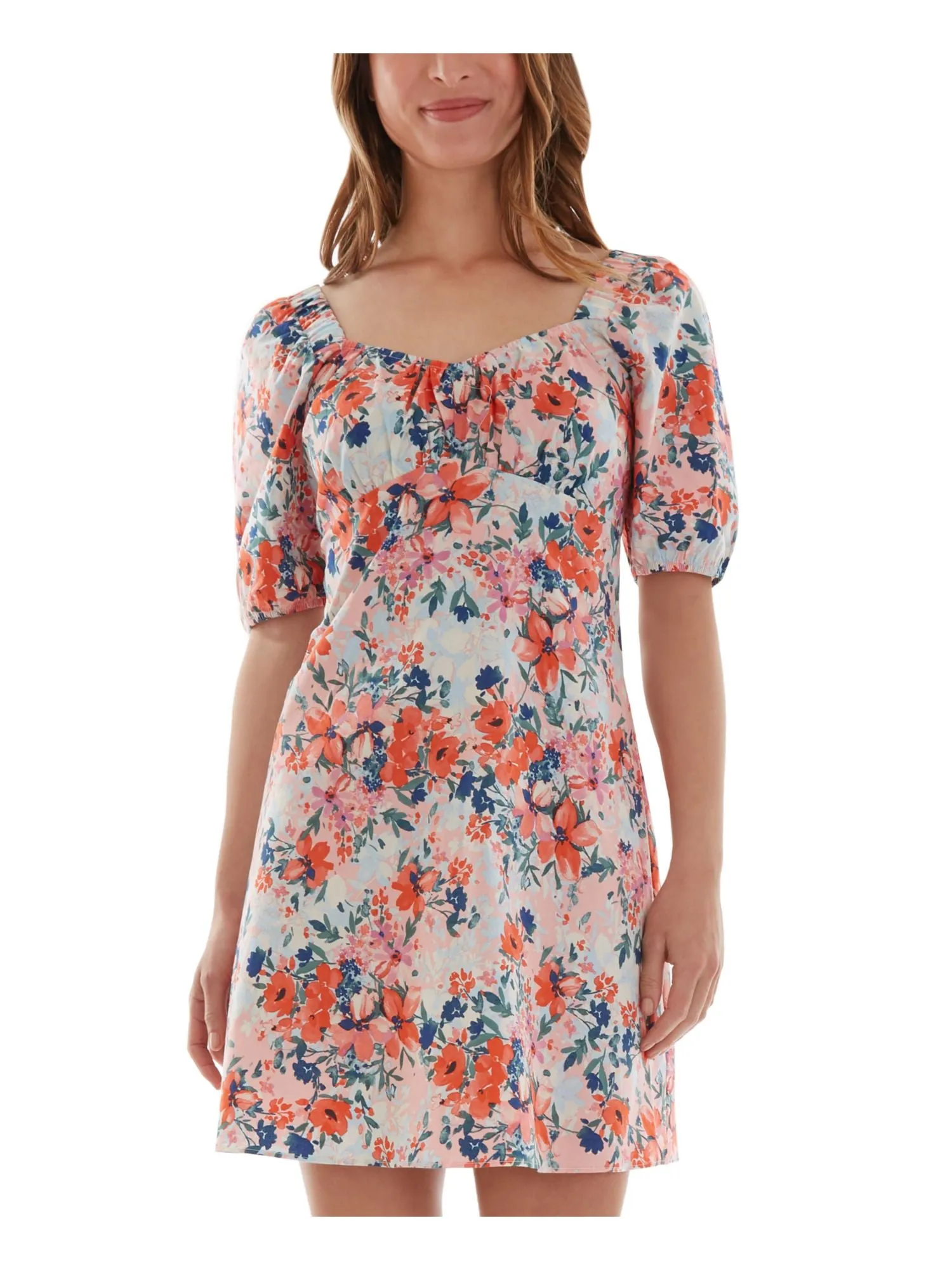 BCX Womens Pink Floral Pouf Sleeve Sweetheart Neckline Mini Fit   Flare Dress