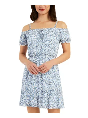 BCX Womens White Ruffled Adjustable Lined Tie Crochet Trim Pullover Floral Pouf Sleeve Off Shoulder Above The Knee A-Line Dress