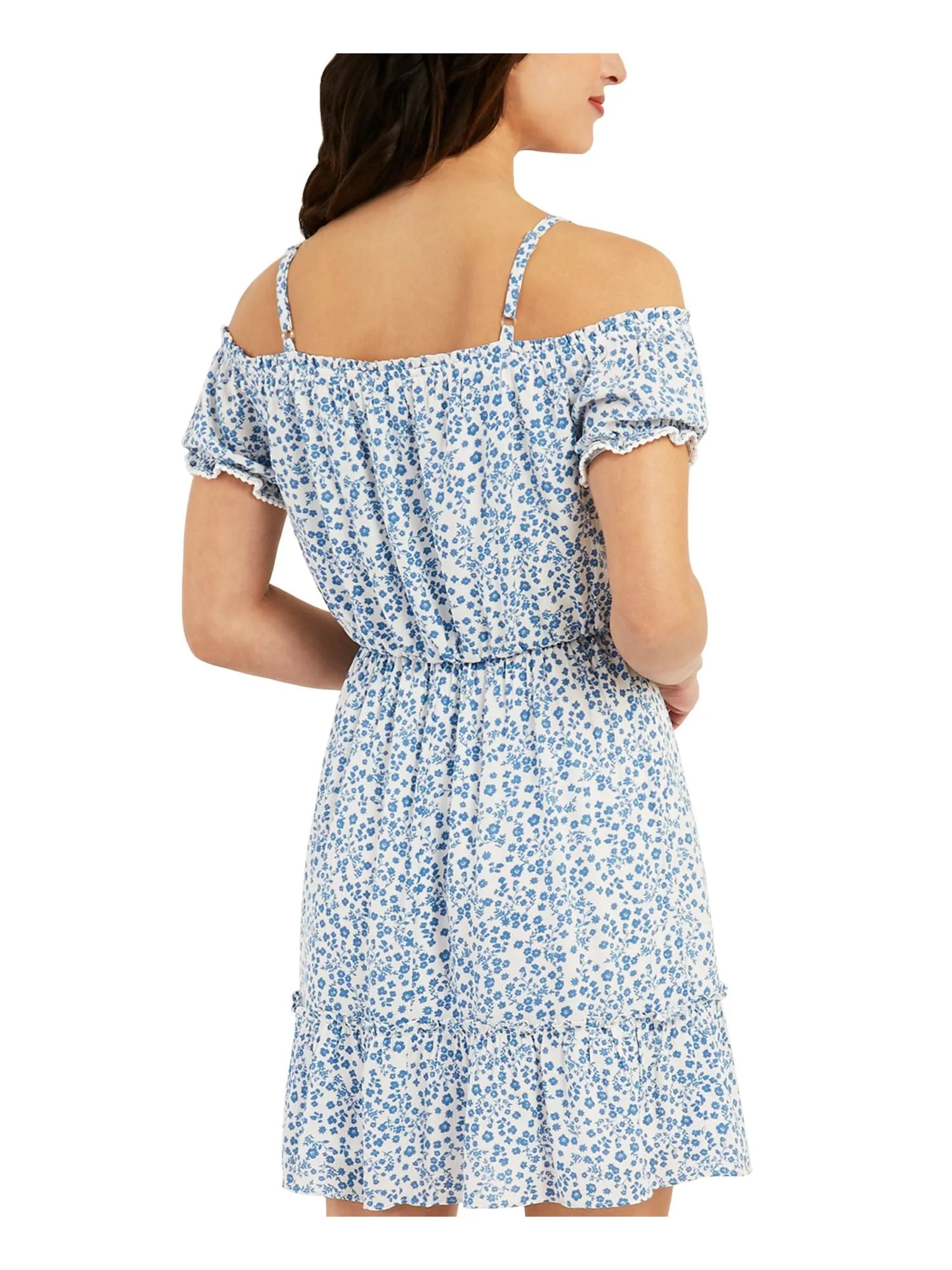 BCX Womens White Ruffled Adjustable Lined Tie Crochet Trim Pullover Floral Pouf Sleeve Off Shoulder Above The Knee A-Line Dress