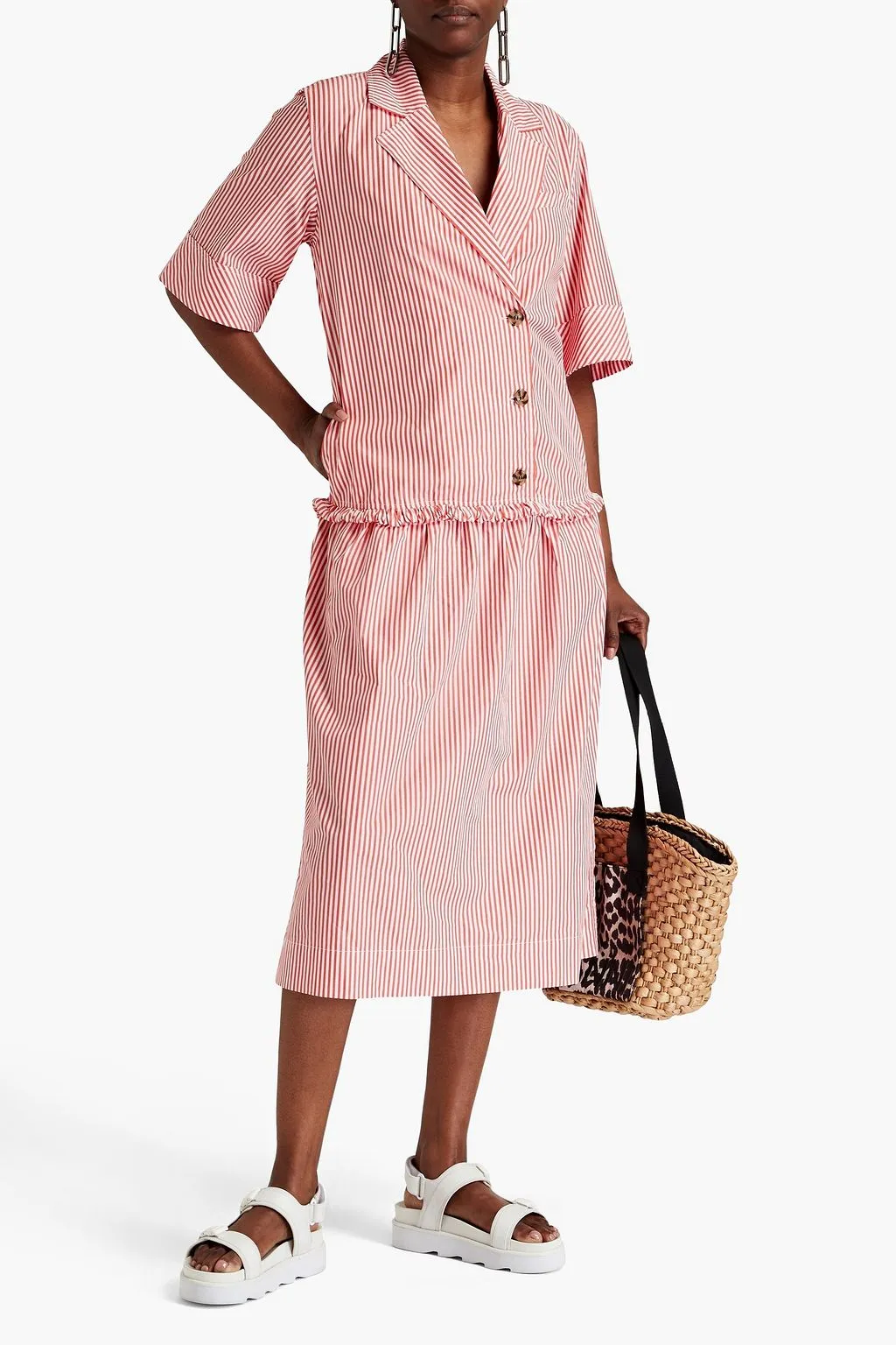 Cotton poplin midi shirtdress with shirred stripes GANNI, orange