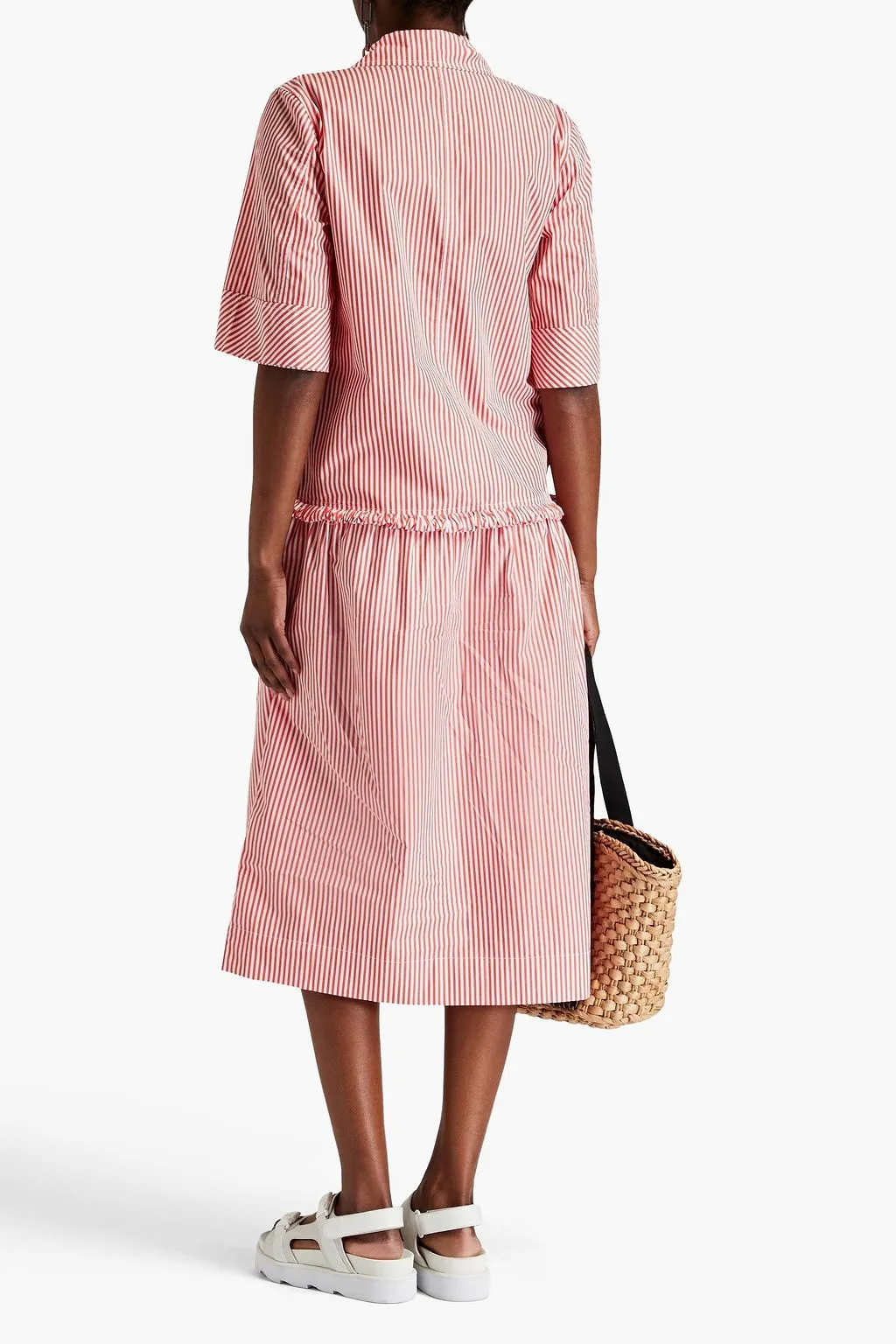 Cotton poplin midi shirtdress with shirred stripes GANNI, orange