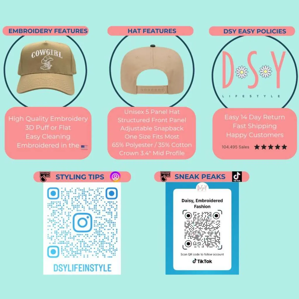 Cowgirl Baseball Hat - 5 Panel Baseball Cap