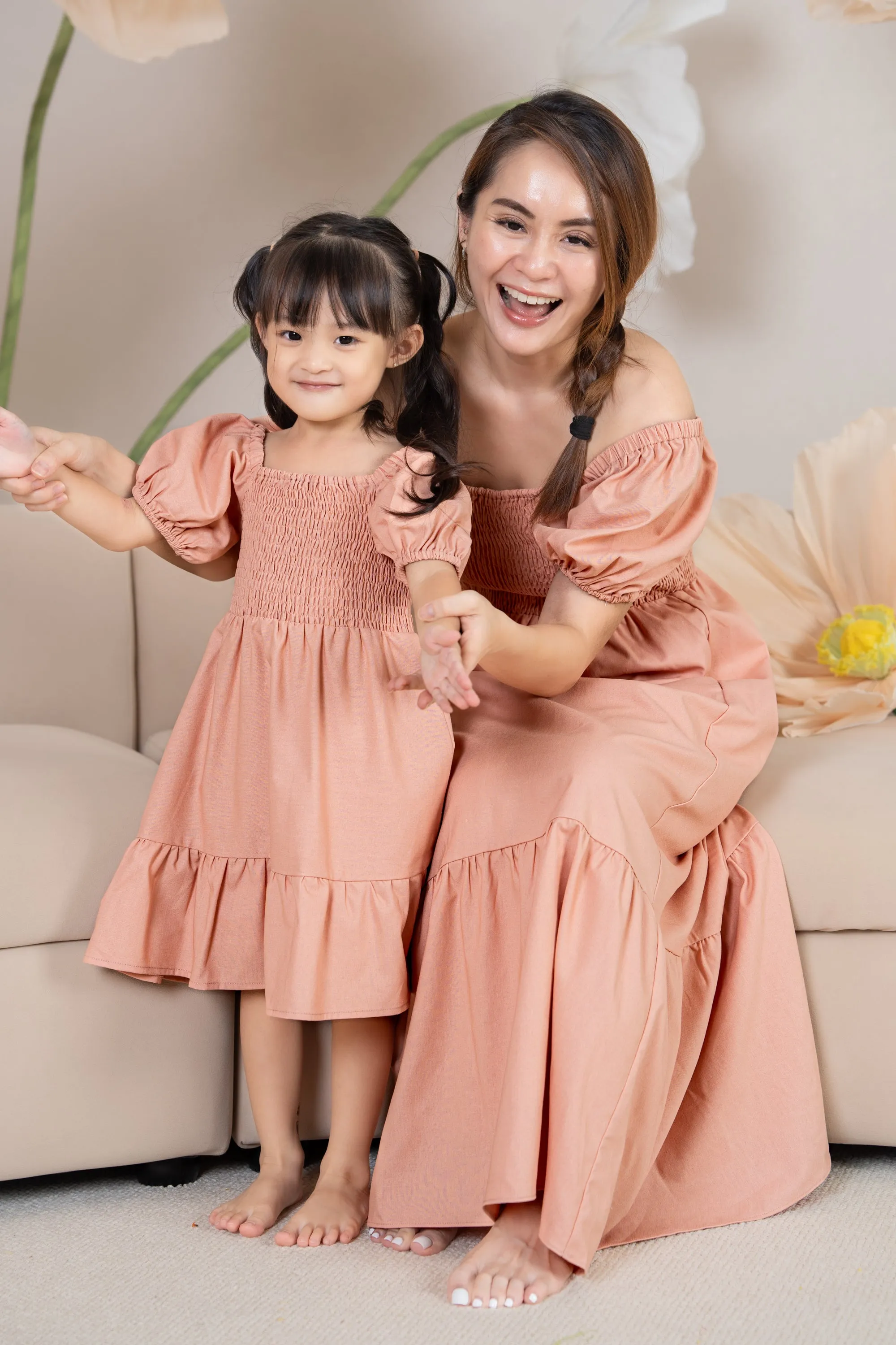 Diana Pouf Sleeves Smocked Drophem Dress in Peach