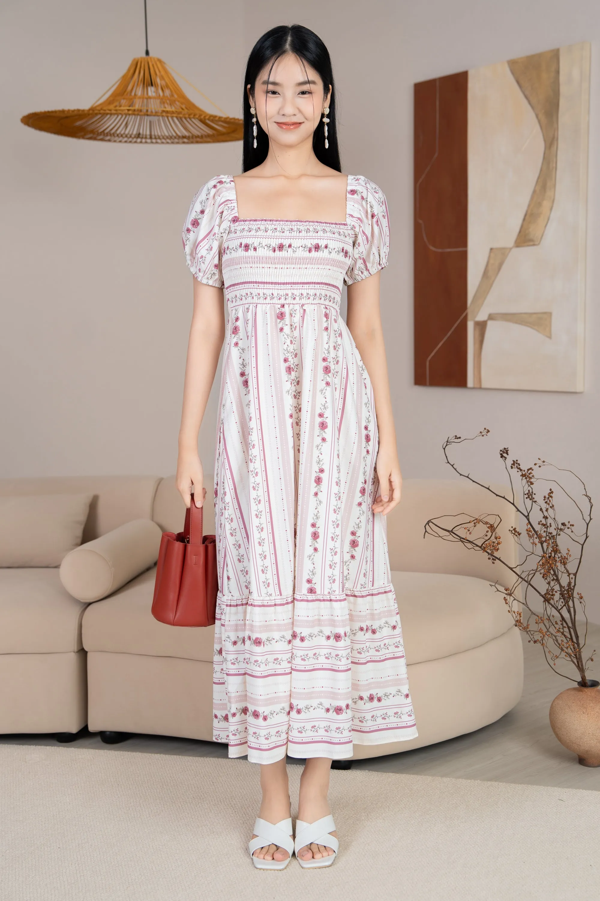 Diana Pouf Sleeves Smocked Drophem Dress in Rose