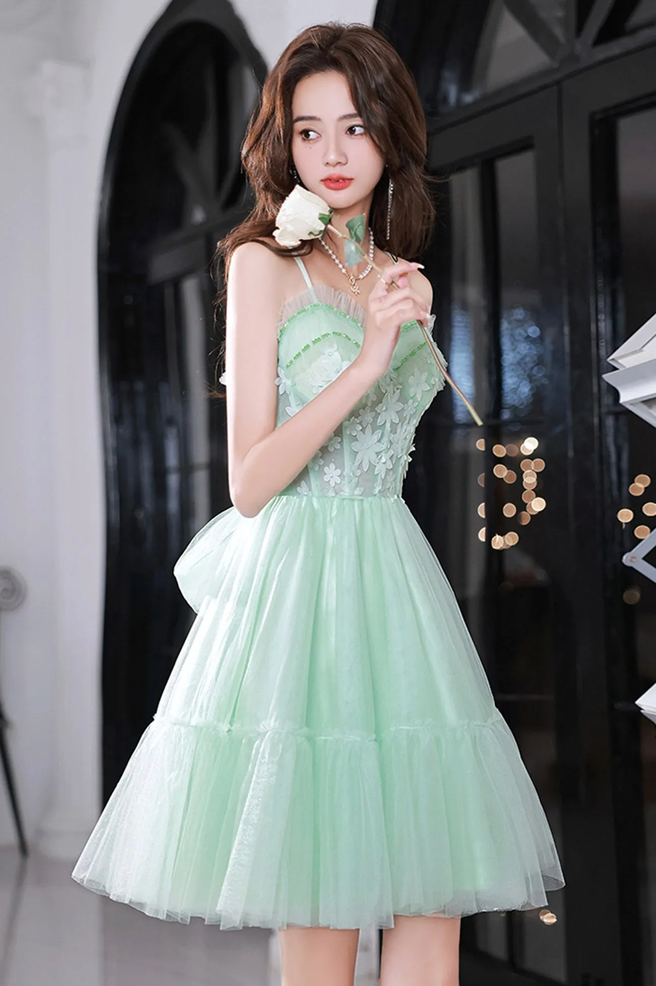 Green Tulle Flowers Short Party Dress, Green Spaghetti Strap Sweetheart Neck Evening Dress