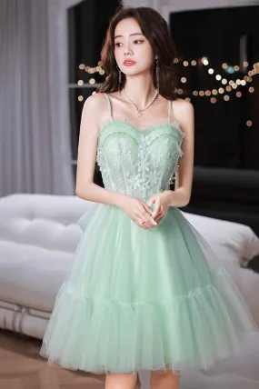 Green Tulle Flowers Short Party Dress, Green Spaghetti Strap Sweetheart Neck Evening Dress