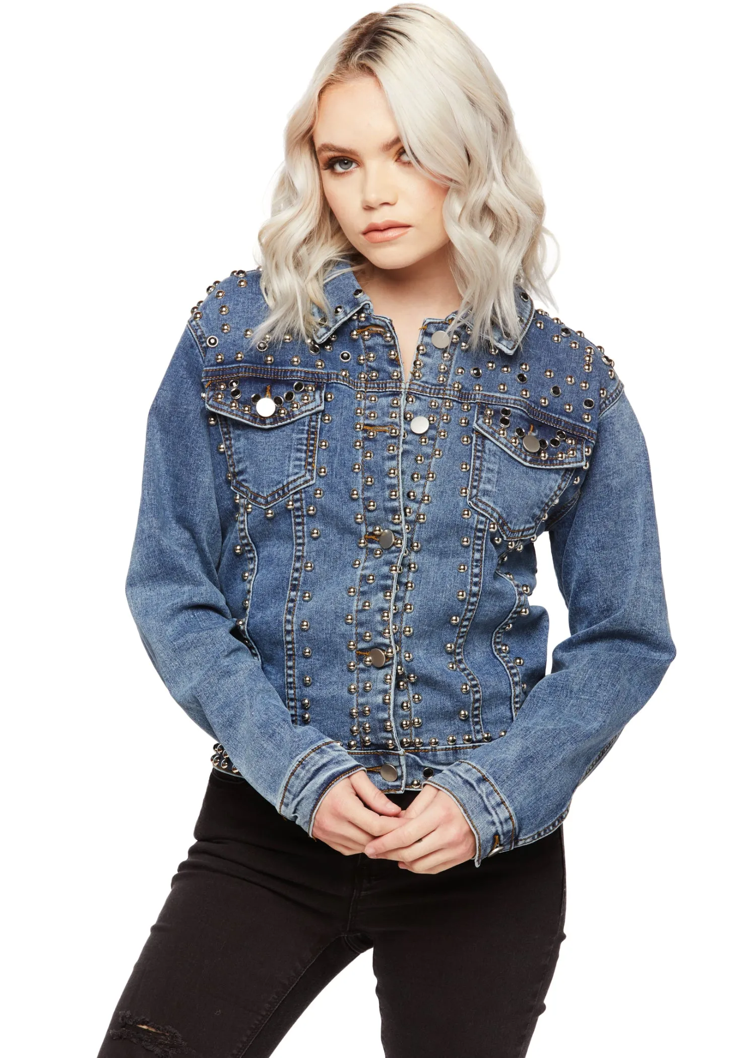 Livin' on the Edge Studded Denim Jacket with Faux Gem Accents