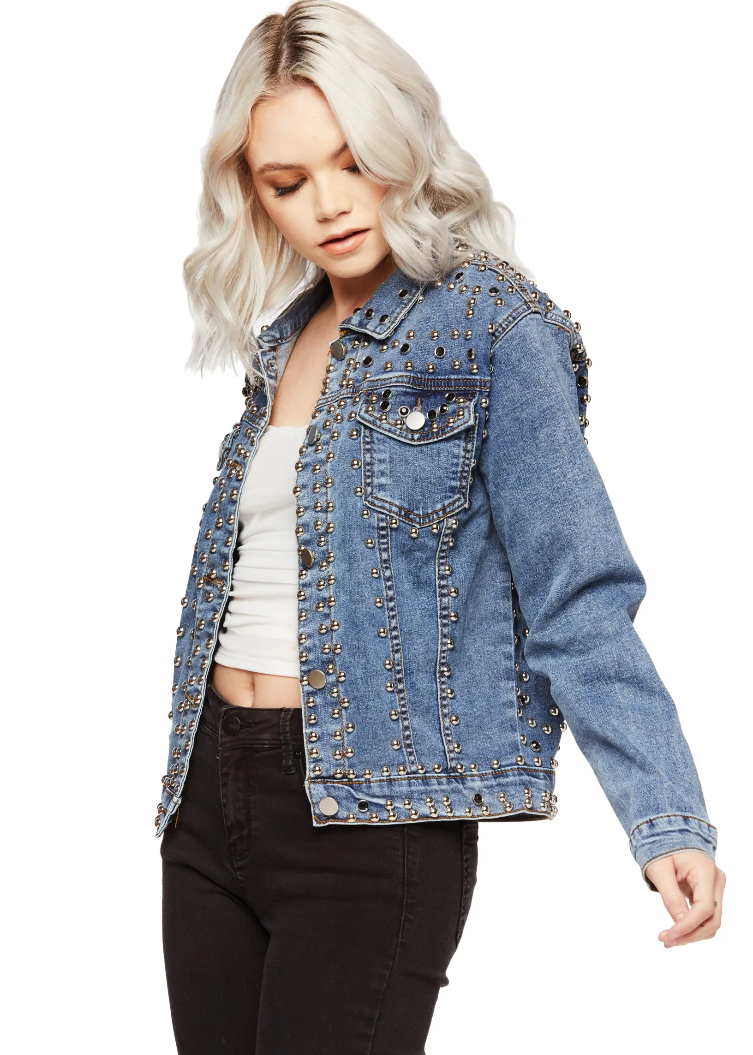 Livin' on the Edge Studded Denim Jacket with Faux Gem Accents