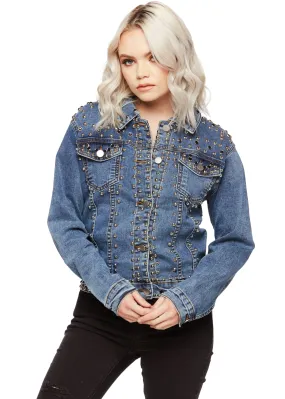 Livin' on the Edge Studded Denim Jacket with Faux Gem Accents