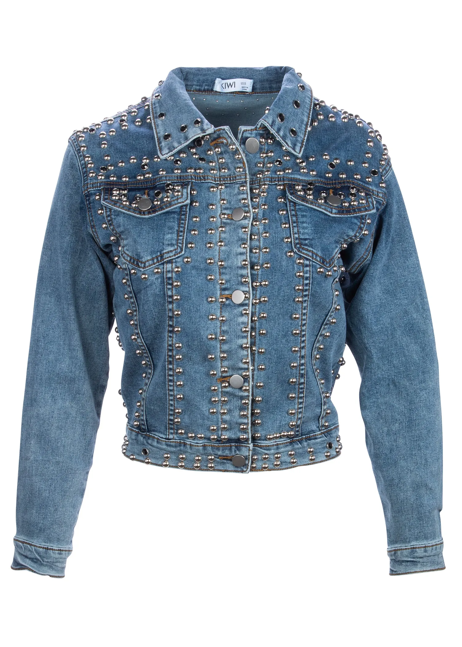 Livin' on the Edge Studded Denim Jacket with Faux Gem Accents