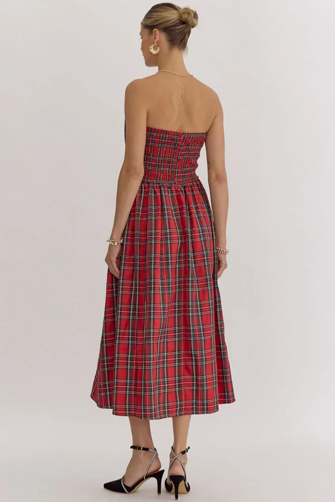 Plaid Strapless Midi Dress in Red by Entro