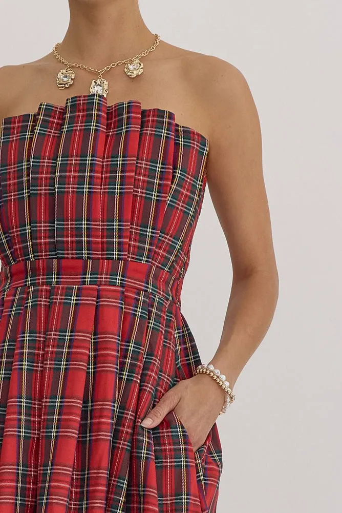 Plaid Strapless Midi Dress in Red by Entro
