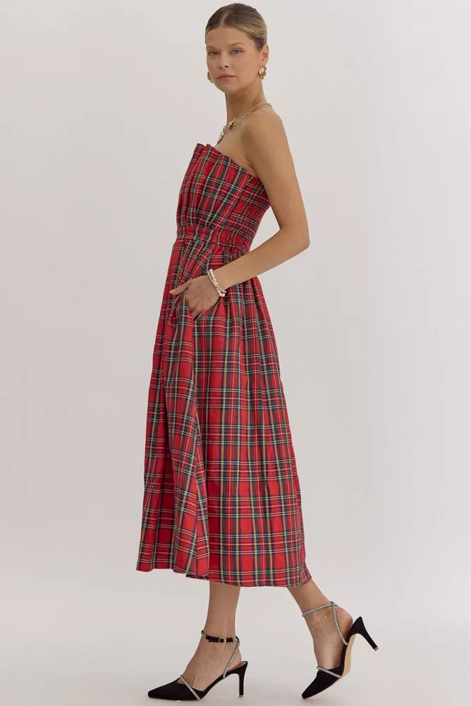 Plaid Strapless Midi Dress in Red by Entro